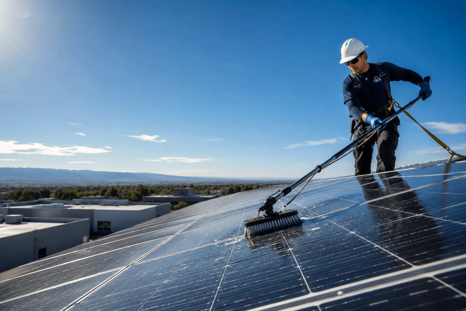 CSCS technician cleaning a commercial rooftop solar array with a soft-bristle deionized-water brush in California's Central Valley